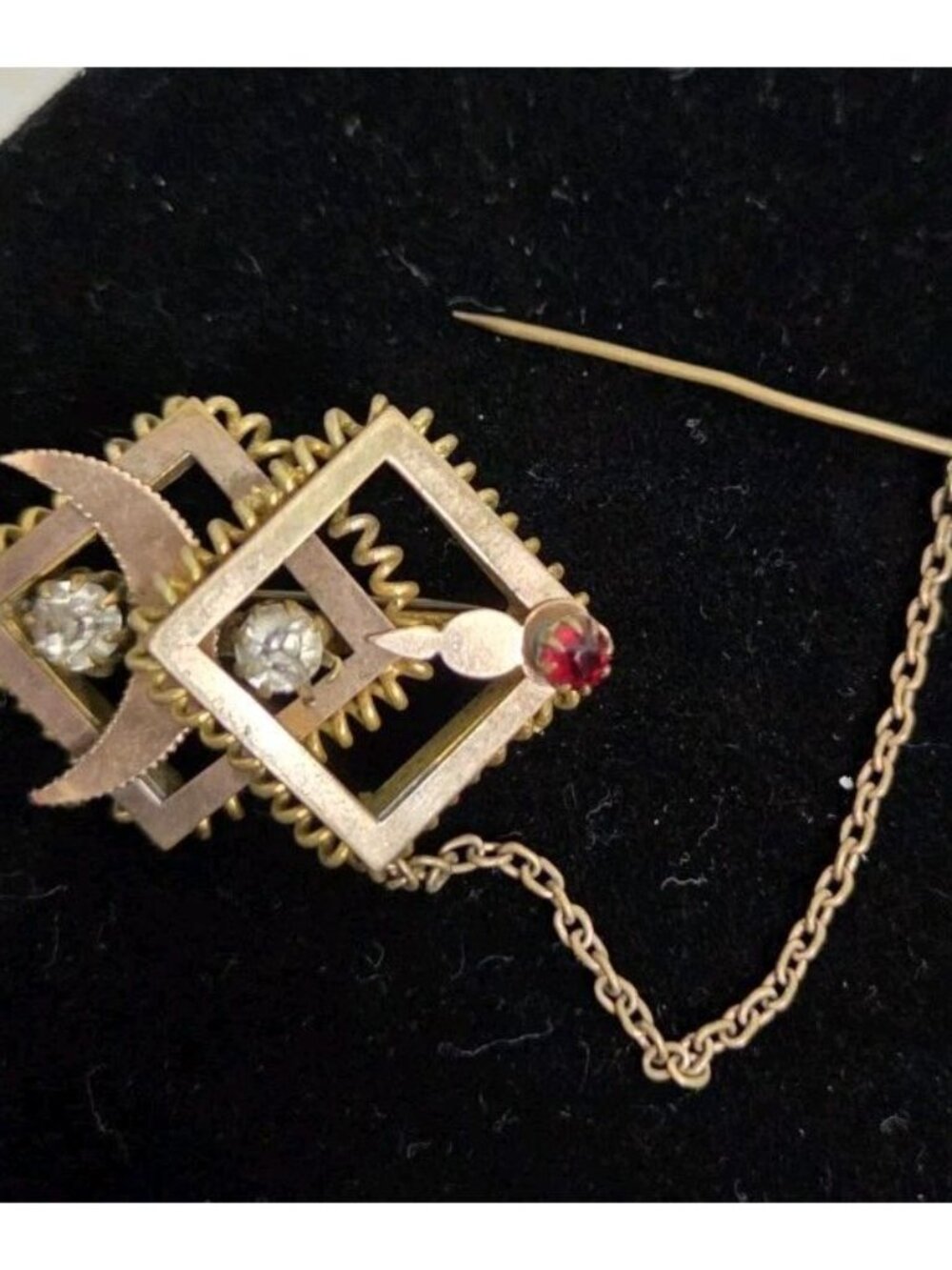 Antique Victorian Gilt Brass Brooch Paste Stones & Red Glass, Added Safety Chain - Picture 2 of 16